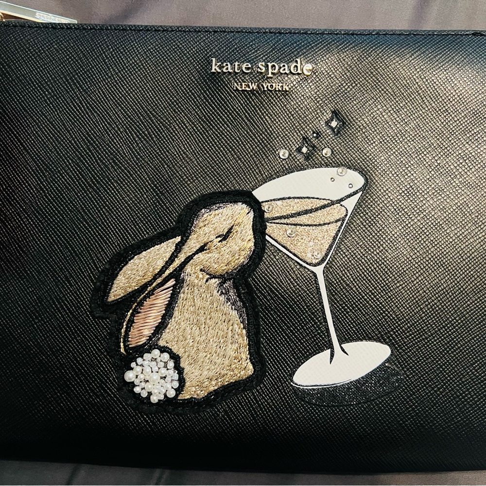 NEW Kate Spade Collectable bunbun Bunny Martini Pouch Wristlet Black and Gold